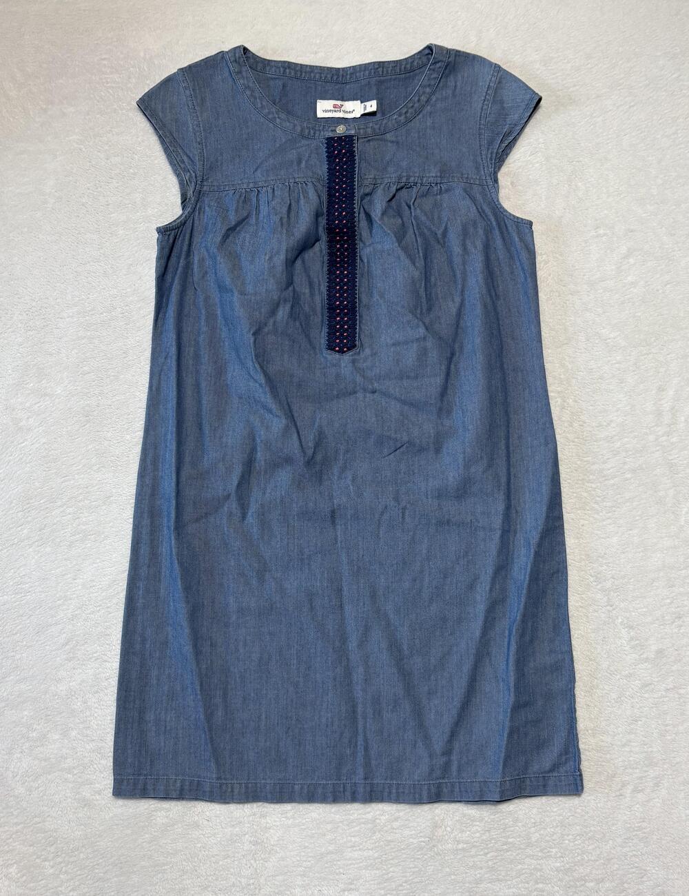 Vineyard Vines Dress Womens 4 Blue Chambray Popover Shift Cap Sleeve Embroidered